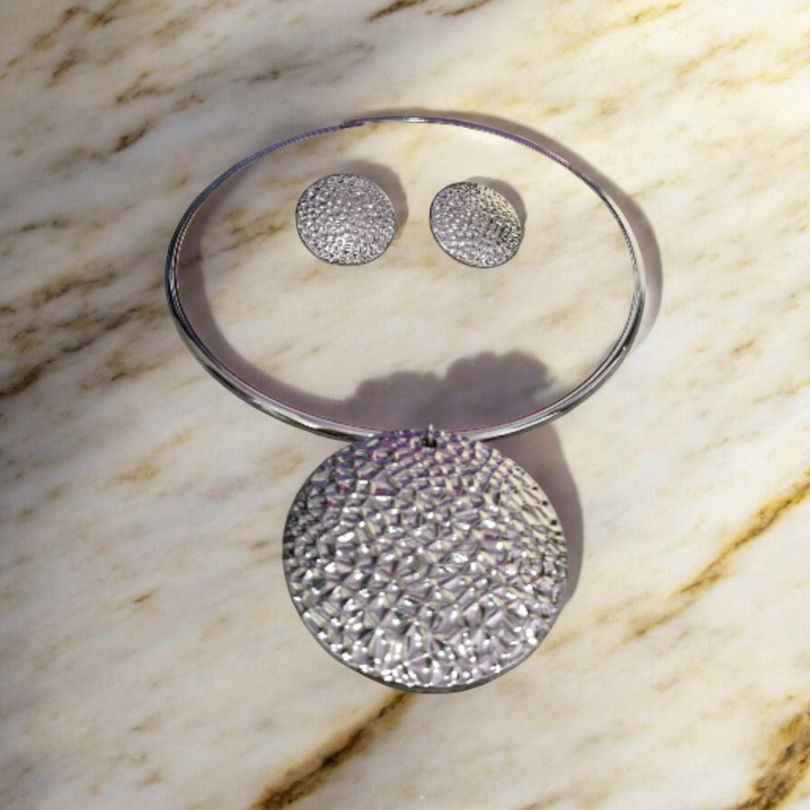 Conjunto Facetado Prateado Violeta Rio — conjunto colar + brinco, cor prateado, metal prateado