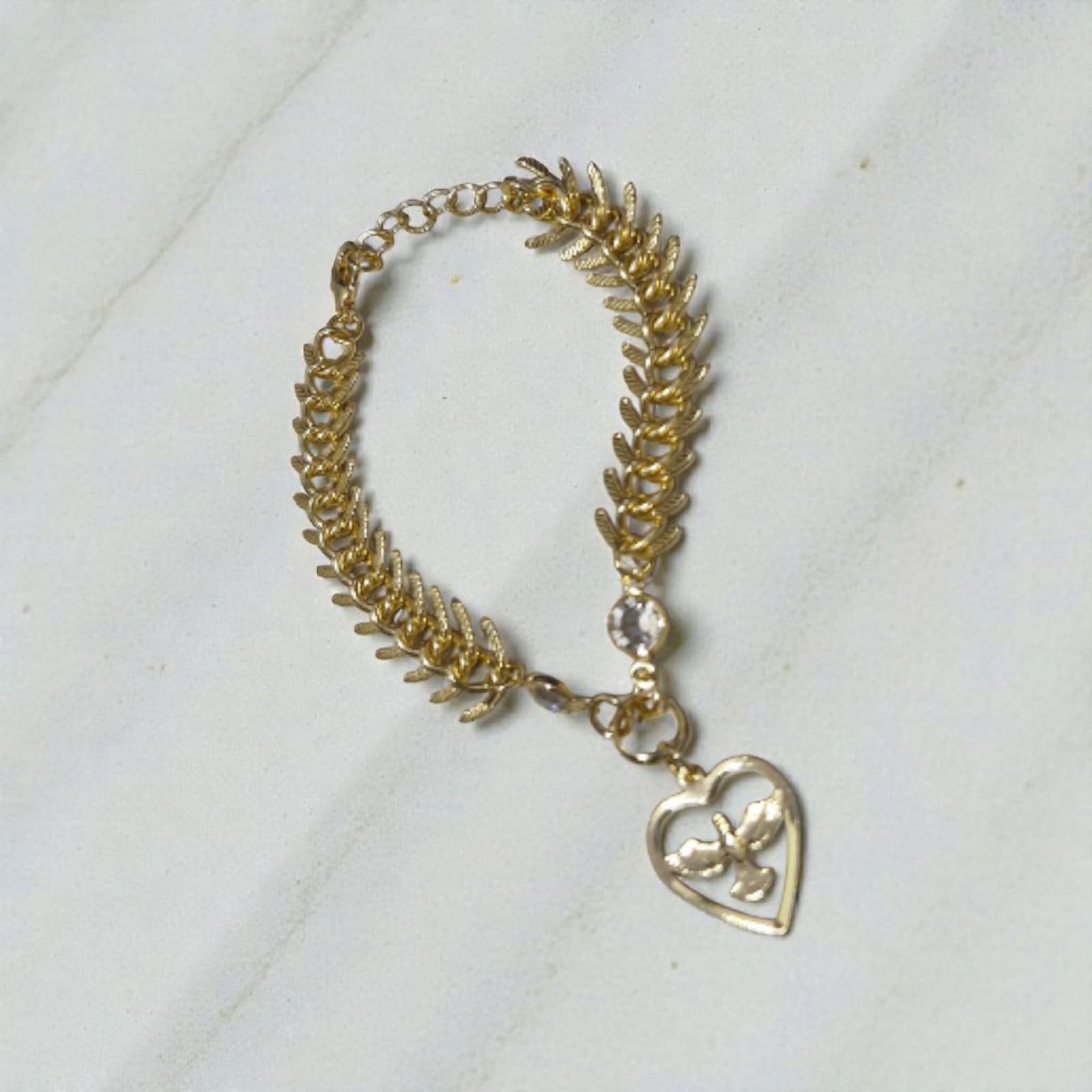 Pulseira Coração Pomba Violeta Rio — pulseira, cor dourado e transparente, metal dourado e strass/cristal